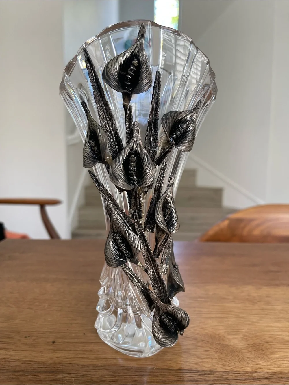 Elegant Clear Glass Vase with Black gray metal Floral Accents